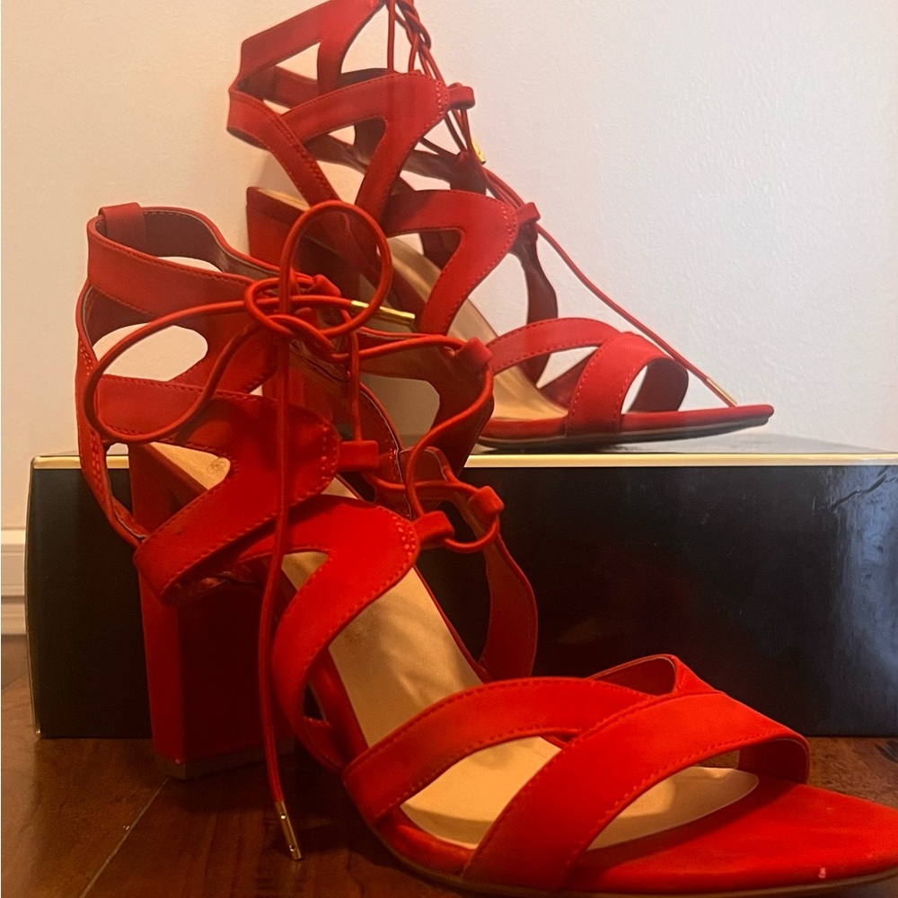 Red Lace-Up Block Heel Sandals - Women